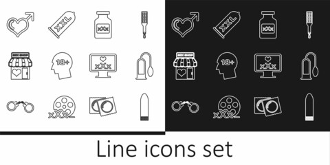 Set line Dildo vibrator, Penis pump, Bottle with pills for potency, Head 18 plus, Sex shop building, Male gender and heart, Monitor content and Condom safe sex icon. Vector