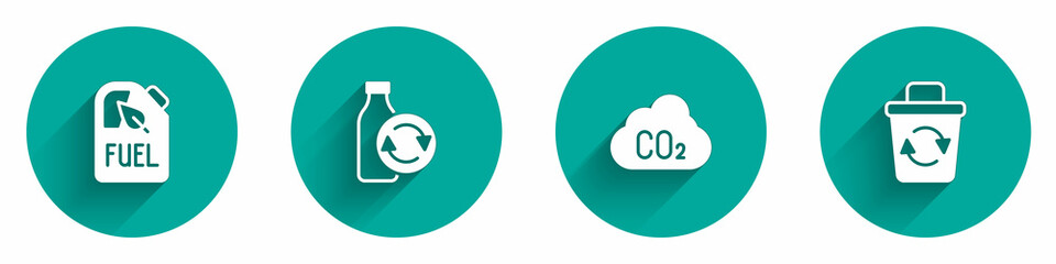 Set Bio fuel canister, Recycling plastic bottle, CO2 emissions cloud and Recycle bin icon with long shadow. Vector