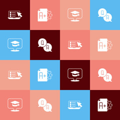 Set pop art Online quiz, test, survey, Exam sheet with A plus grade, Graduation cap speech bubble and Question and Answer icon. Vector