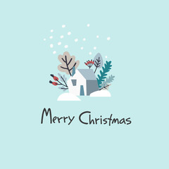 Merry Christmas greeting card template. Minimalistic design with country house, stylized trees, snow and hand-lettered greeting phrase on blue background