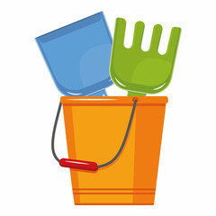 Bucket, shovel and rake for sandbox, isolated vector illustration