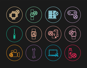 Set line USB flash drive service, Smartwatch, Database server, Screwdriver, Processor, Power bank and Wrist icon. Vector