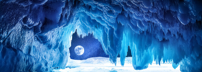 Fototapeta Ice cave. Winter lunar landscape. Lake Baikal. Banner format. obraz