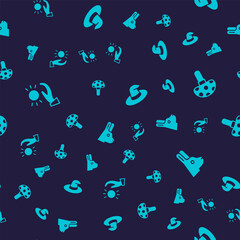 Set Ball levitating above hand, Psilocybin mushroom, Witch hat and Rabbit with ears on seamless pattern. Vector