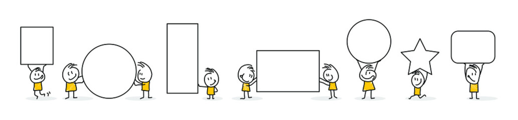 Stick figures. Blank banner set. Vector illustration of people holding blank. It can be used for presentations, for explanation, as a mascot, for communication, to express emotions.