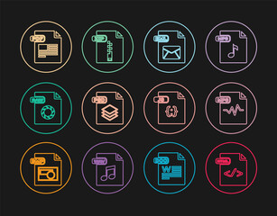 Set line HTML file document, MP3, EML, PSD, RAW, PDF, JS and ZIP icon. Vector