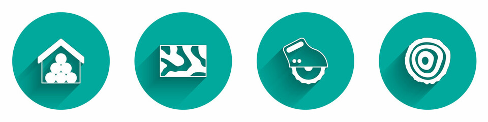 Set Wooden logs, beam, Electric circular saw and Tree rings icon with long shadow. Vector