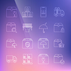 Fototapeta na wymiar Set line Package box with check mark, Plane and cardboard, Locked package, Mobile app tracking, Scanner scanning bar code, Search, Delivery fragile content and Umbrella rain drops icon. Vector
