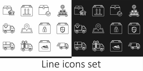 Set line Delivery truck in movement, box security shield, Package with check mark, Placeholder on map, tracking, Plane and cardboard, Locked package and Cardboard traffic icon. Vector