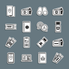 Set line Ticket, Bus ticket, Binoculars, Cover book travel guide, and Translator icon. Vector