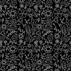 Seamless black pattern with white flowers. Floral background. White flowers isolated on black background