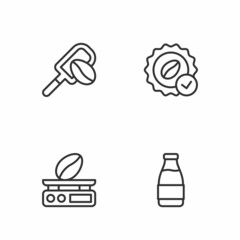 Set line Milk bottle, Electronic coffee scales, Spatula with grain and Medal for icon. Vector
