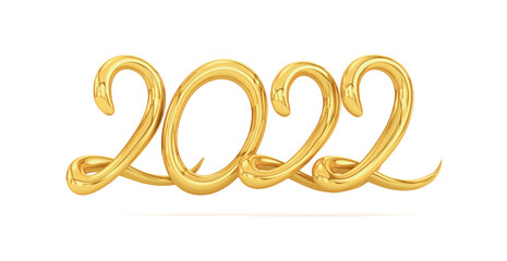 Gold inscription 2022 isolated on white background. Happy new year. 3D rendering.