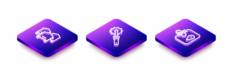 Set Isometric line Hive for bees, Cutter roll honey and Bee location icon. Vector