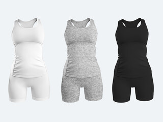 Mock up of white, black, heather, womens sportswear, 3D rendering, tank top, shorts, bicycles, isolated on background. Set
