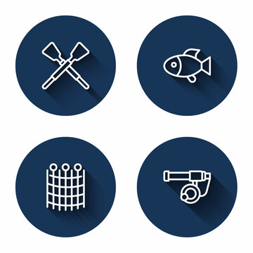Set line Crossed oars or paddles boat, Fish, Fishing net pattern and rod with long shadow. Blue circle button. Vector