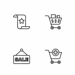 Set line Add to Shopping cart, Hanging sign with text Sale, Paper check and financial check and food icon. Vector