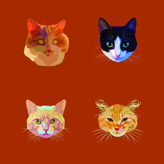 Vector collection of portraits of cats. Set of different breeds of domestic cats. For printing on fabric, paper and the like.