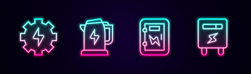 Set line Gear and lightning, Electric kettle, Electrical panel and meter. Glowing neon icon. Vector