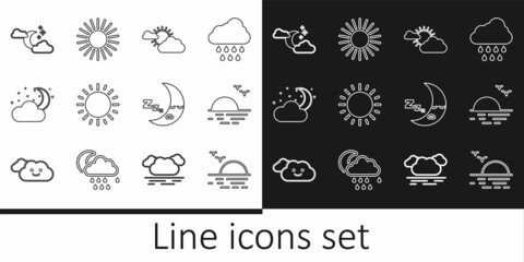 Set line Sunset, and cloud weather, Cloud with moon stars, Moon icon and icon. Vector