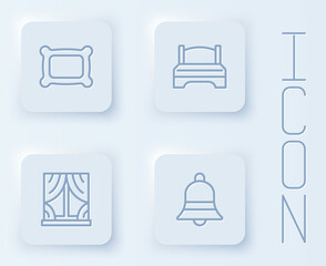 Set line Pillow, Big bed, Window with curtains and Ringing bell. White square button. Vector