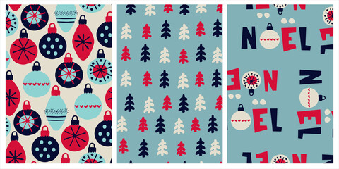 Set of patterns for Christmas, New Year, Winter Holidays gifts wrapping paper. Festive vibrant backgrounds with Christmas trees, the lettering Noel in French, bauble ornaments