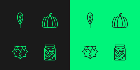 Fototapeta premium Set line Pickled cucumbers in a jar, Chestnut, Leaf and Pumpkin icon. Vector