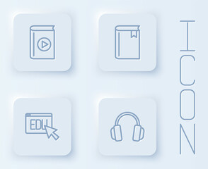 Set line Audio book, Book, Online education and Headphones. White square button. Vector