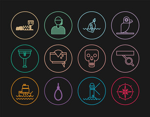 Set line Wind rose, Pirate eye patch, Bottle with message water, hat, Wooden pirate leg, Treasure and riches, Skull and Sailor captain icon. Vector