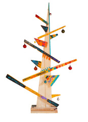 Wooden decorated handmade Christmas tree isolated on white background