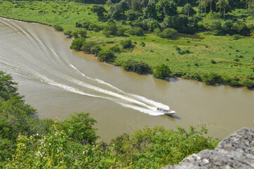 Boat floating on the river.