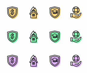 Set line Graduation cap with shield, Shield dollar, Fire in burning house and Lifebuoy hand icon. Vector