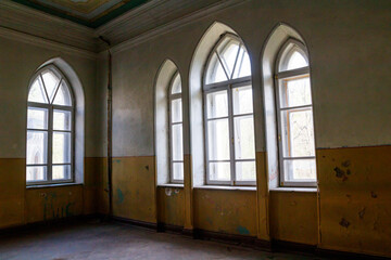 Interior of old abandoned Sharovka palace, also known as Sugar Palace in Kharkov region, Ukraine