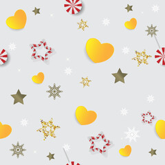 New Year and Merry Christmas seamless pattern  with Christmas  toys. stars and hearts. Vector illustration. Design wallpaper, fabrics, postal packaging.