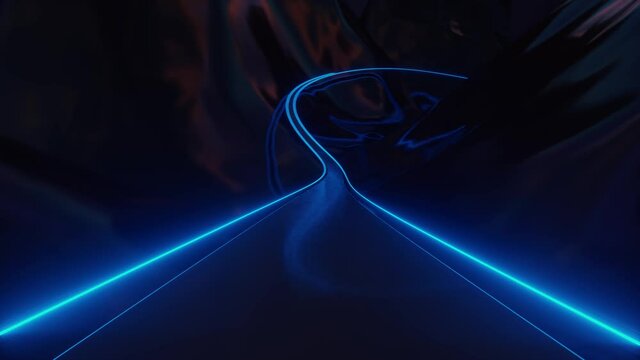 4K Moving through the abstract glossy ice mountains on a sunset background. Riding on Roller-Coaster with blue Neon Lights Extremely Fast Seamless. Looped 3d Animation of Abstract Roller Coaster