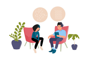 Patient with psychologist for psychotherapy session. Psychiatrist session in mental health clinic.