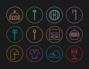 Set line Medieval goblet, iron helmet, Round wooden shield, chained mace ball, axe, King crown, and icon. Vector