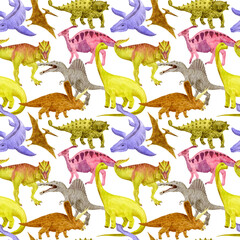Dinosaurs. Repeating print with watercolor dinos on white. Children illustration. For covering, textile, wallpaper