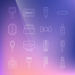 Set line Cream or lotion cosmetic tube, Hairbrush, Beard and mustaches care oil bottle, Electrical hair clipper shaver, Blade razor, Hand mirror and Bow tie icon. Vector