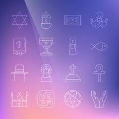 Set line Hands in praying position, Cross ankh, Christian fish, Traditional carpet, chalice, Holy bible book, Star of David and Priest icon. Vector