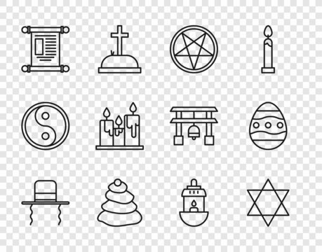 Set line Orthodox jewish hat with sidelocks, Star of David, Pentagram in circle, Stack hot stones, Decree, paper, parchment, scroll, Burning candles, Ramadan Kareem lantern and Easter egg icon. Vector