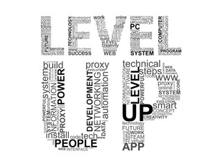 Black words LEVEL UP with technology words inside. Concept with cloud words on white background.