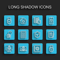 Set line Monitor with exclamation mark, Laptop, Lock and check, Safe, Password protection, Tablet closed padlock and Shield icon. Vector