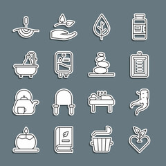 Set line Heart, Ginger root, Clipboard with checklist, Leaf, IV bag, Bathtub, Acupuncture therapy and Stack hot stones icon. Vector