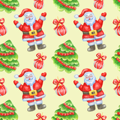Watercolor seamless holiday pattern with santa claus and christmas tree isolated on yellow background.Perfect for wrapping paper,package design.
