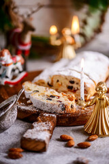 Christmas curd stollen on a Christmas rustic background