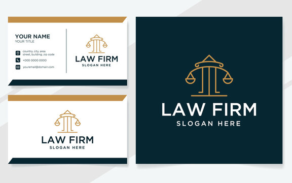 Law firm logo with modern lines suitable for lawyer, court or law office with business card template