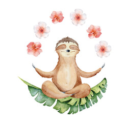 Watercolor yoga sloth in lotus position with flowers cute animal hand drawn illustration © EvgeniiasArt