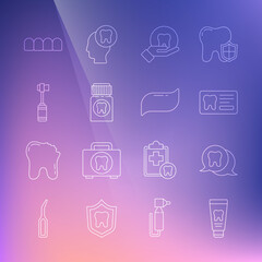 Set line Tube of toothpaste, Tooth, Dental card, Painkiller tablet, Toothbrush, Dentures model and Toothpaste icon. Vector