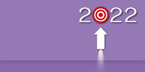 White arrow rising to target in the year 2022 as metaphor for business and financial growth, Success in future business growth concept. space for the text. paper art design style.
